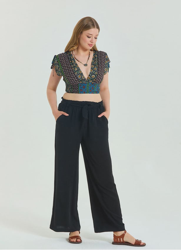 Black Women's Plus Size Trousers with Elastic Waist Belt Detail 4620